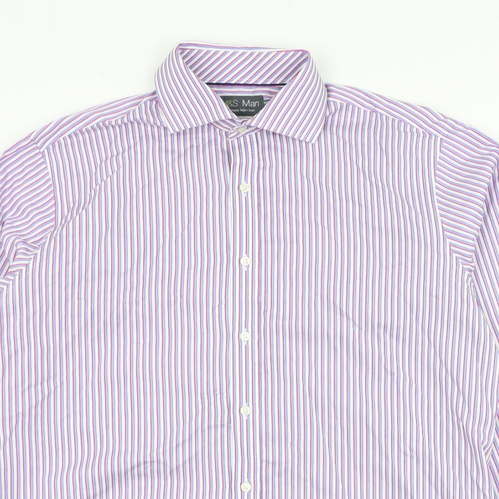 Marks and Spencer Mens White Striped Cotton  Dress Shirt Size 15.5 Collared Button
