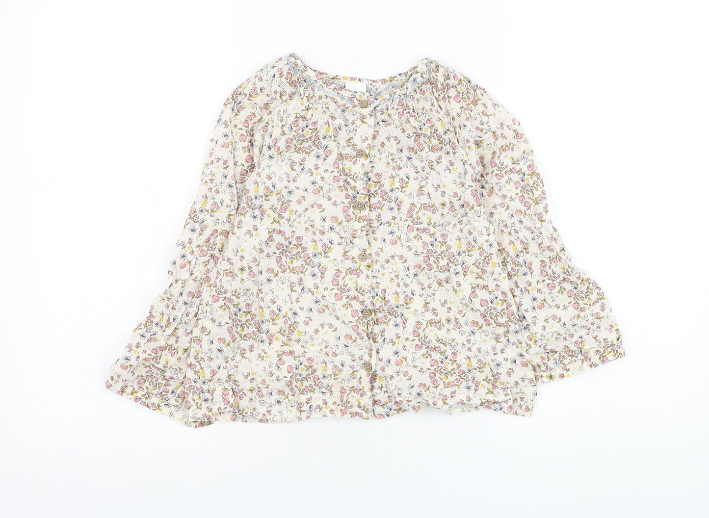 NEXT Girls Beige Floral Cotton Basic Button-Up Size 6-7 Years Round Neck Button