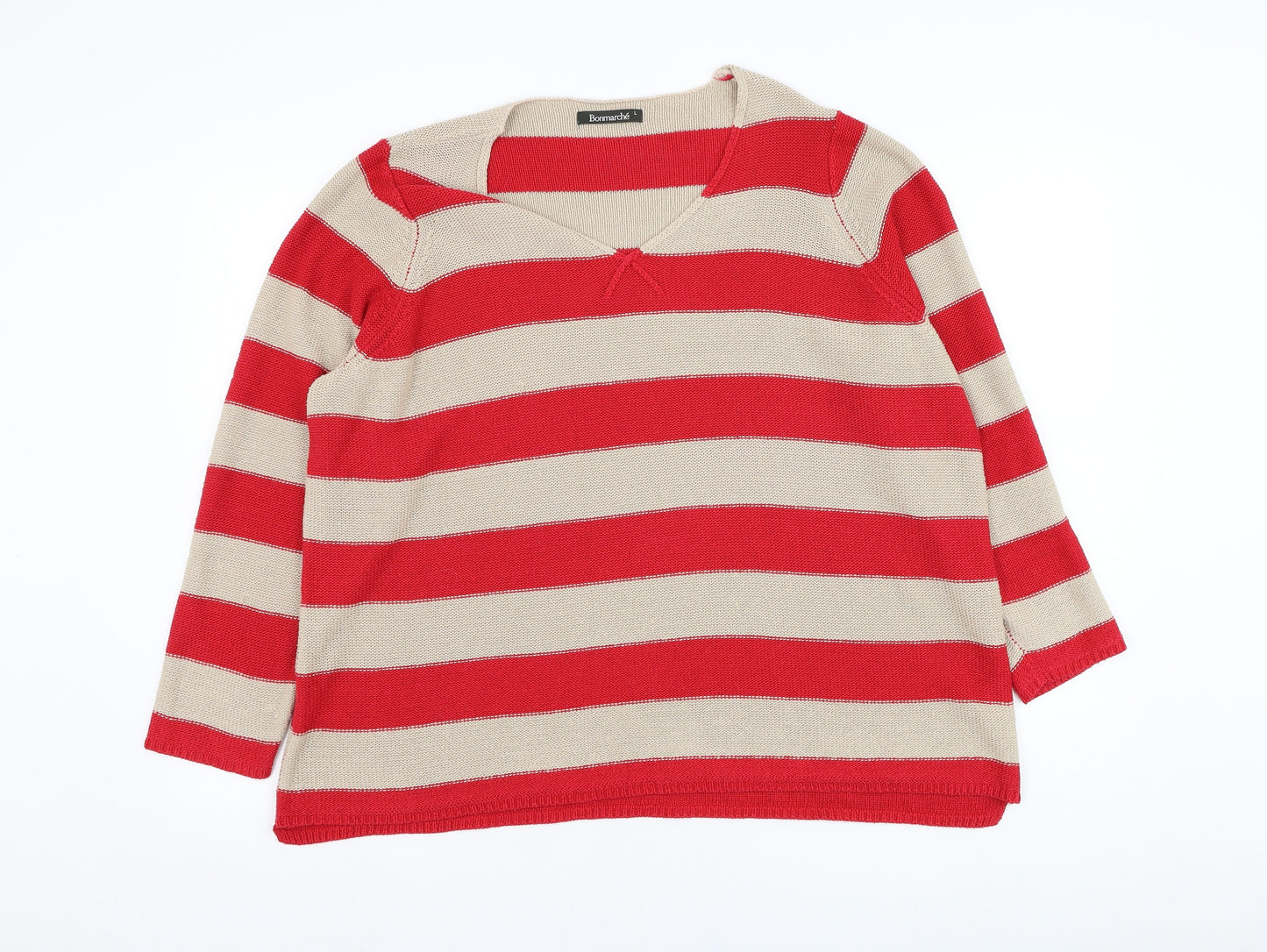 Bonmarché Womens Red Round Neck Striped Acrylic Pullover Jumper Size L
