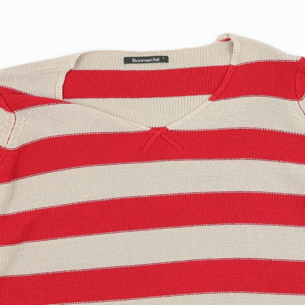 Bonmarché Womens Red Round Neck Striped Acrylic Pullover Jumper Size L