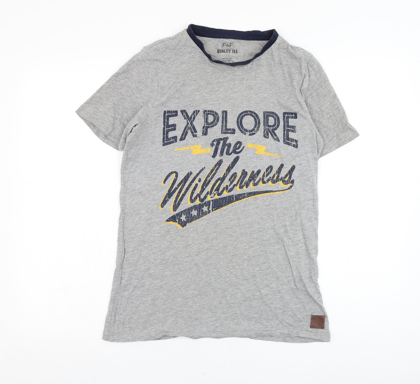 F&F Boys Grey  Cotton Basic T-Shirt Size 13-14 Years Round Neck Pullover - Explore the wilderness