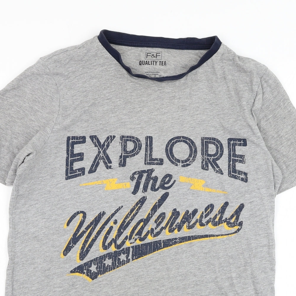 F&F Boys Grey  Cotton Basic T-Shirt Size 13-14 Years Round Neck Pullover - Explore the wilderness