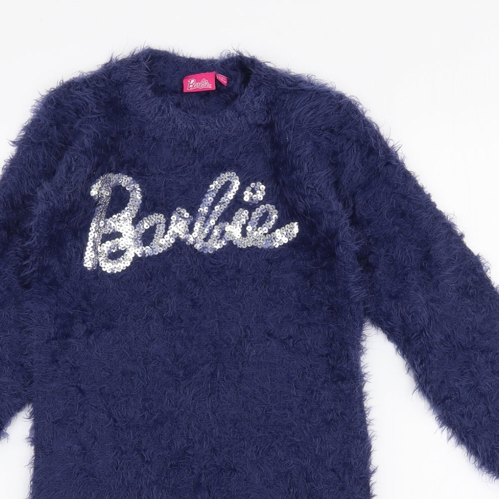 Barbie Girls Blue Round Neck  Nylon Pullover Jumper Size 7-8 Years  Pullover