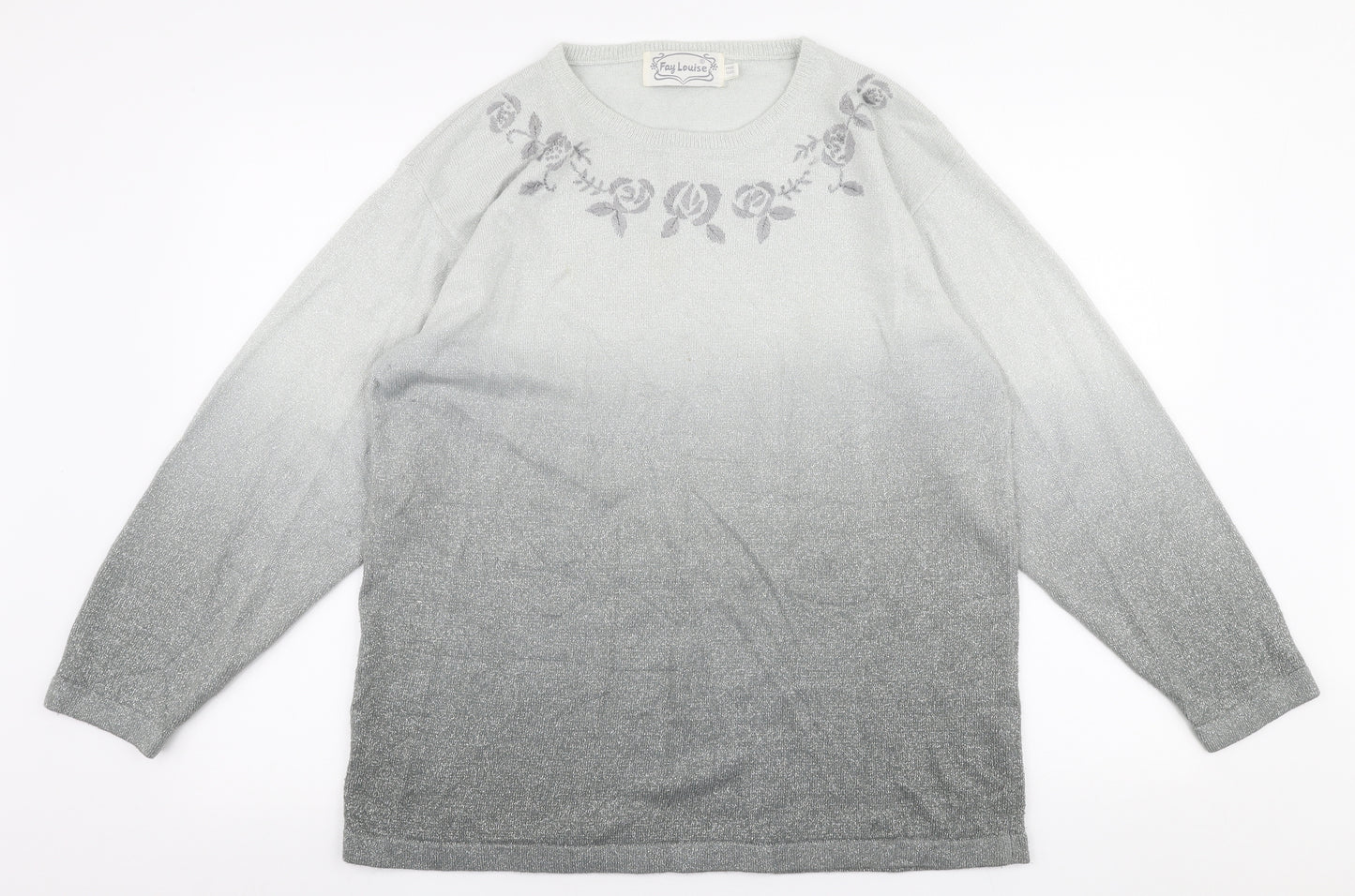 Fay Louise Womens Grey Round Neck Floral Acrylic Pullover Jumper One Size