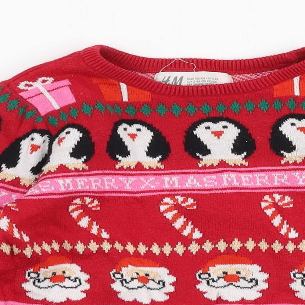 H&M Girls Multicoloured Round Neck  100% Cotton Pullover Jumper Size 3-4 Years  Pullover - Christmas
