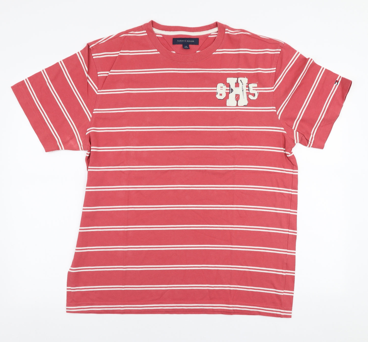 Tommy Hilfiger Mens Pink Striped Polyester  T-Shirt Size L Round Neck