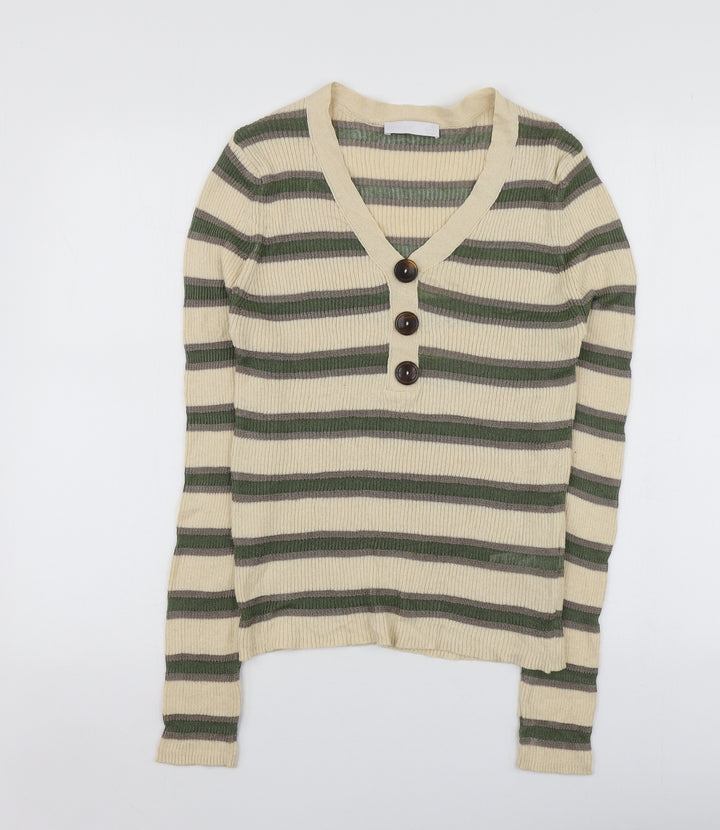 Per Una Womens Beige V-Neck Striped Cotton Pullover Jumper Size 12