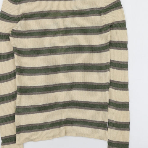 Per Una Womens Beige V-Neck Striped Cotton Pullover Jumper Size 12