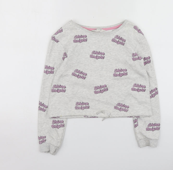H&M Girls Grey Geometric Cotton Basic T-Shirt Size 9-10 Years Round Neck