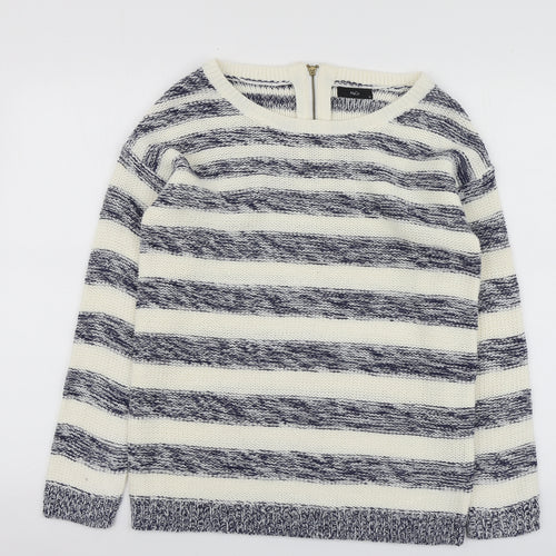M&Co Womens Blue Round Neck Striped Acrylic Pullover Jumper Size 12