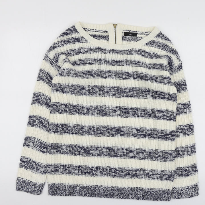M&Co Womens Blue Round Neck Striped Acrylic Pullover Jumper Size 12