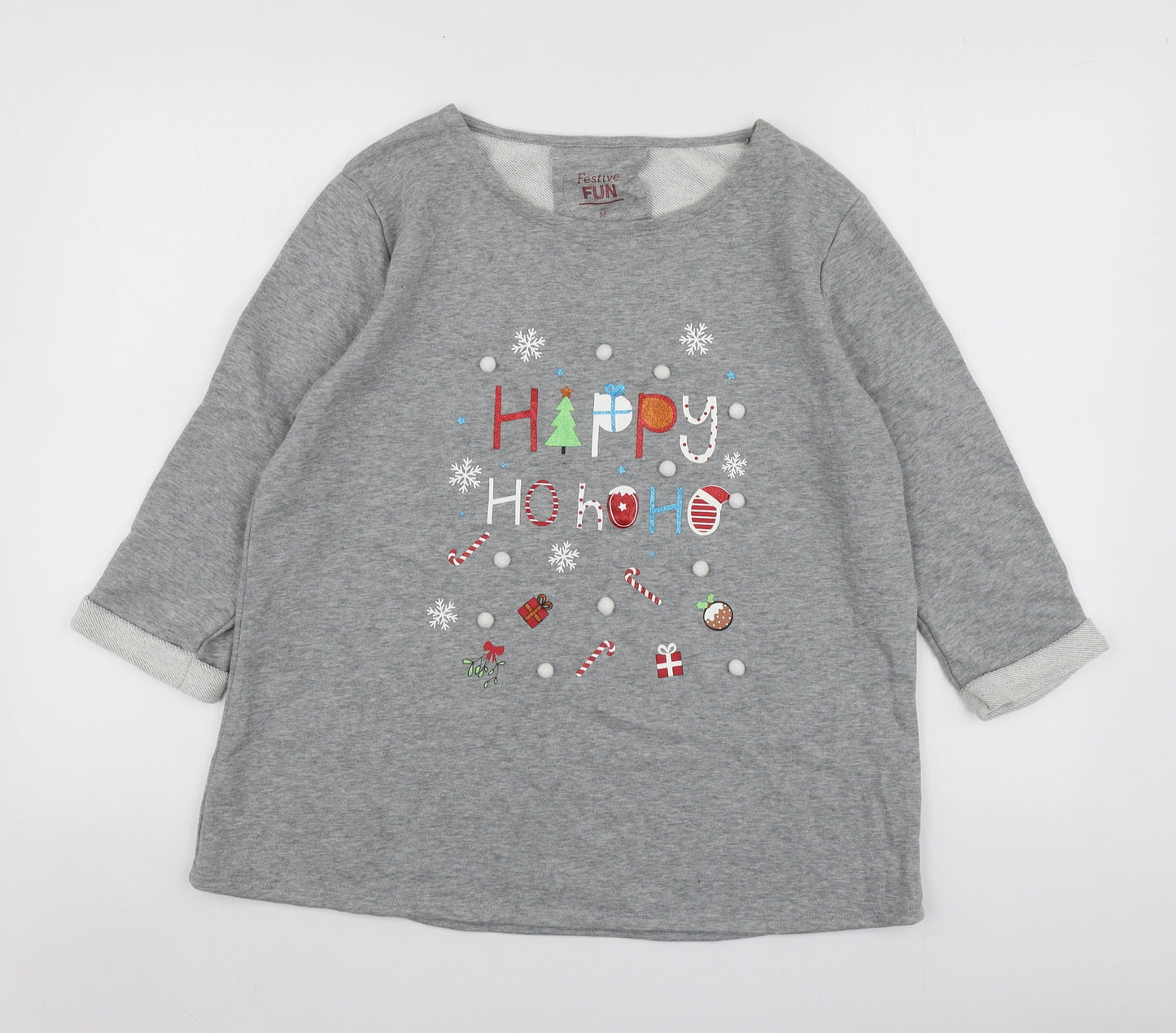 FESTIVE FUN Womens Grey Geometric Cotton Basic T-Shirt Size M Round Neck - Santa T-shirt
