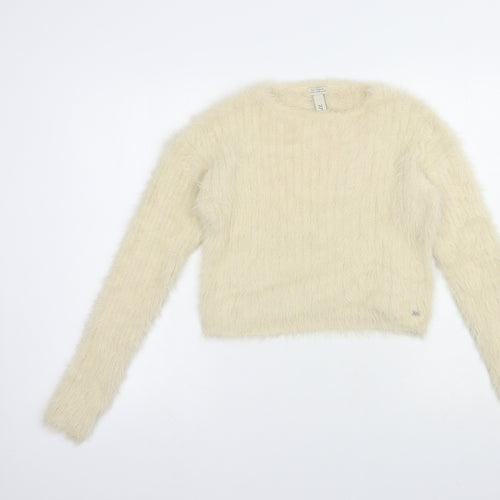 Pull&Bear Womens Beige Crew Neck  Nylon Pullover Jumper Size XS   - Cropped