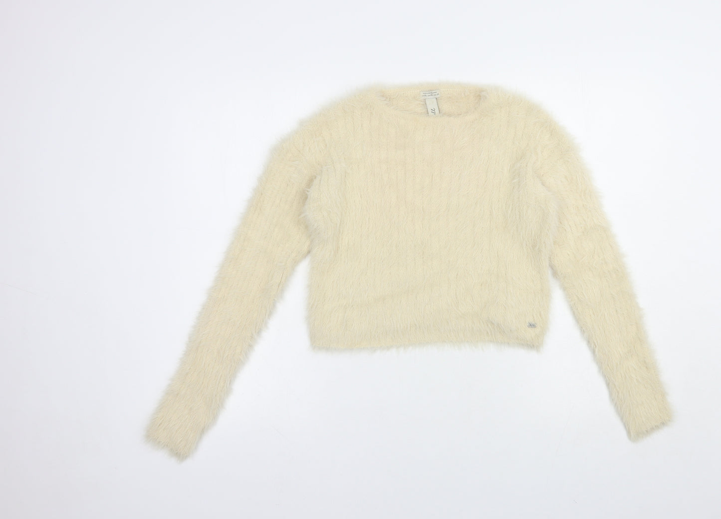 Pull&Bear Womens Beige Crew Neck  Nylon Pullover Jumper Size XS   - Cropped