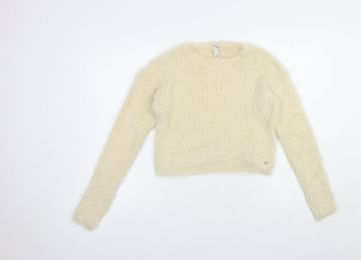 Pull&Bear Womens Beige Crew Neck Nylon Pullover Jumper Size XS - Cropped