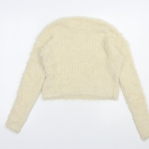 Pull&Bear Womens Beige Crew Neck  Nylon Pullover Jumper Size XS   - Cropped