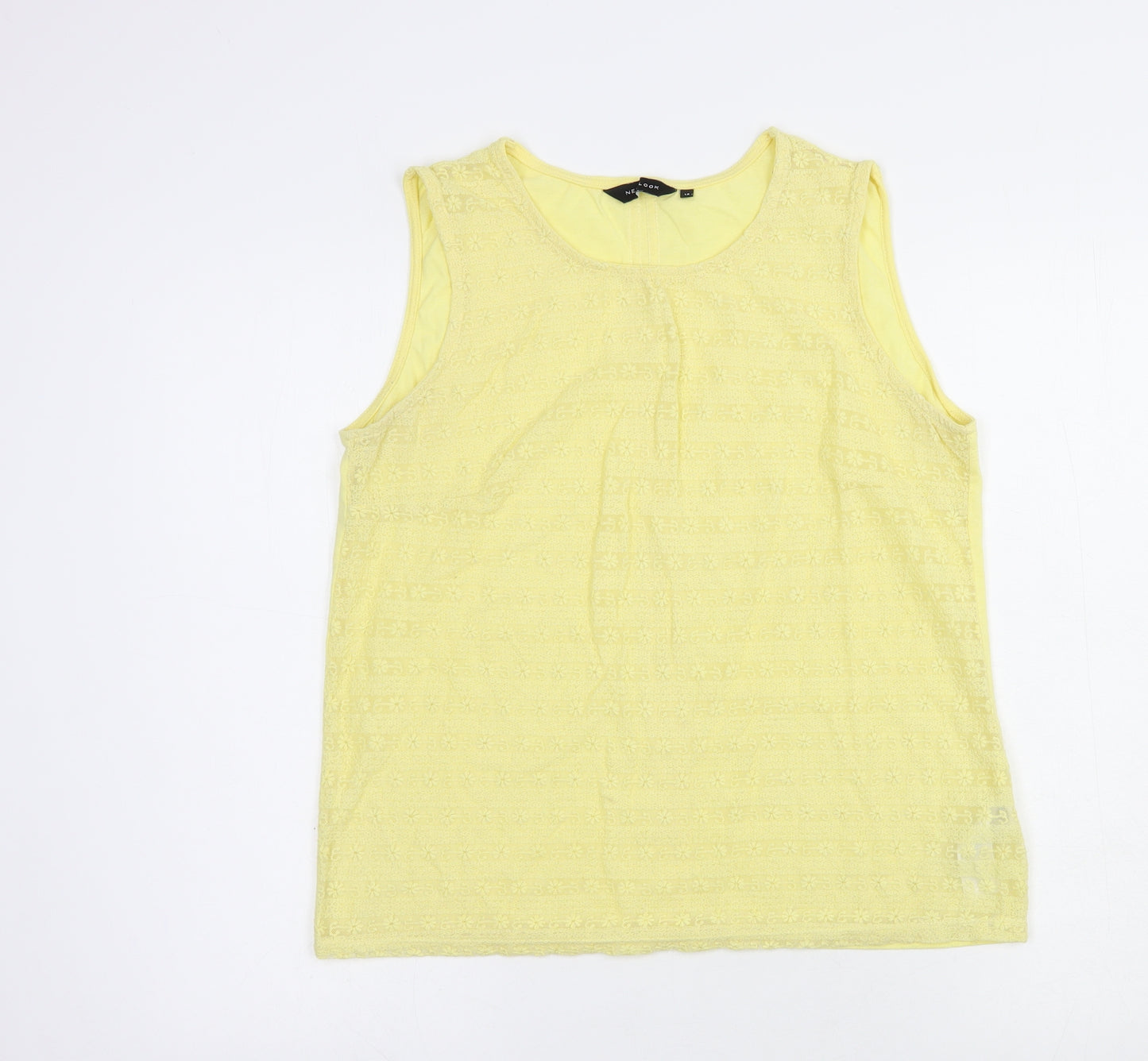 New Look Womens Yellow Floral Cotton Basic Blouse Size 14 Boat Neck - Lace Front