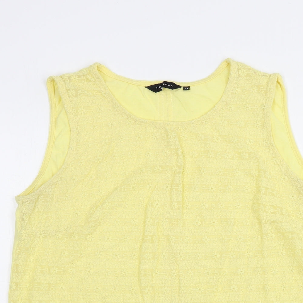 New Look Womens Yellow Floral Cotton Basic Blouse Size 14 Boat Neck - Lace Front