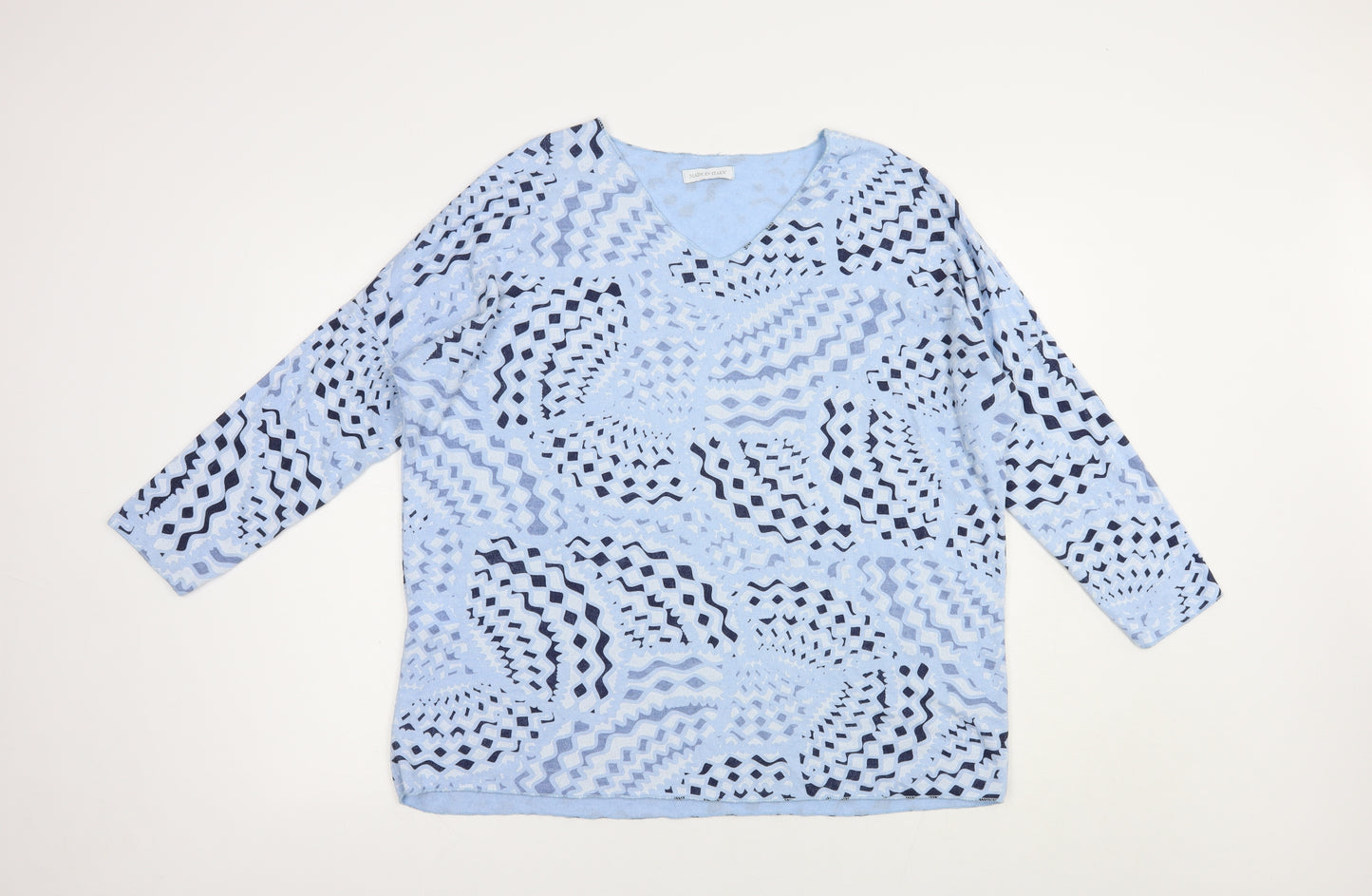 Made in Italy Womens Blue V-Neck Geometric Viscose Pullover Jumper Size L