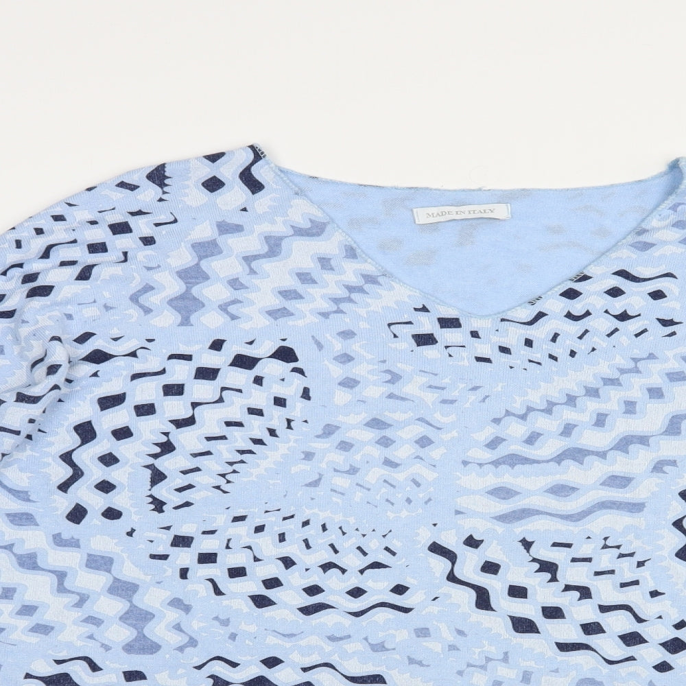 Made in Italy Womens Blue V-Neck Geometric Viscose Pullover Jumper Size L