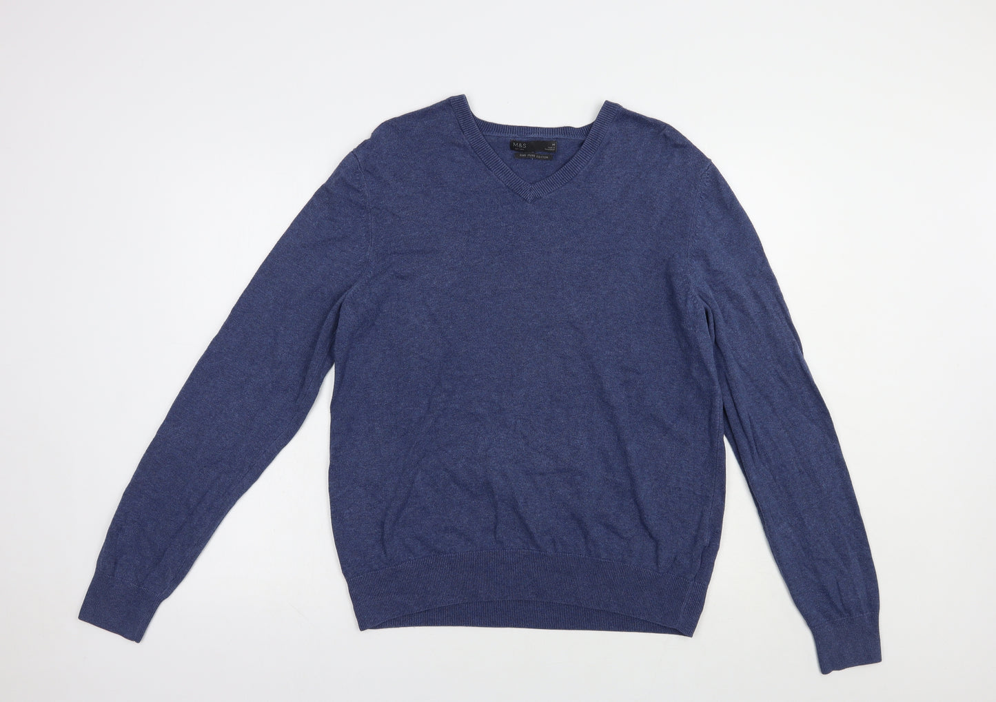 Marks and Spencer Mens Blue V-Neck  Cotton Pullover Jumper Size M