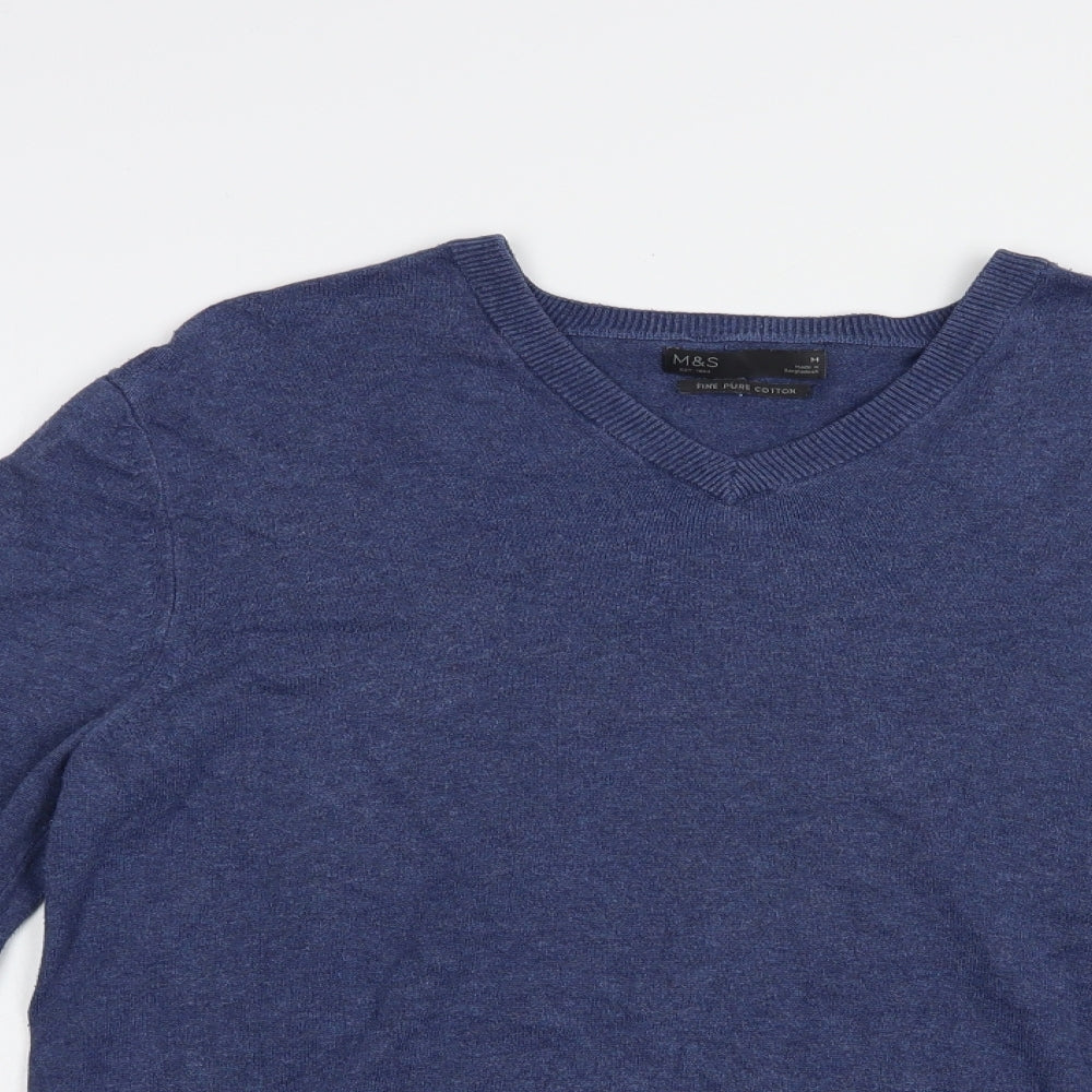 Marks and Spencer Mens Blue V-Neck  Cotton Pullover Jumper Size M