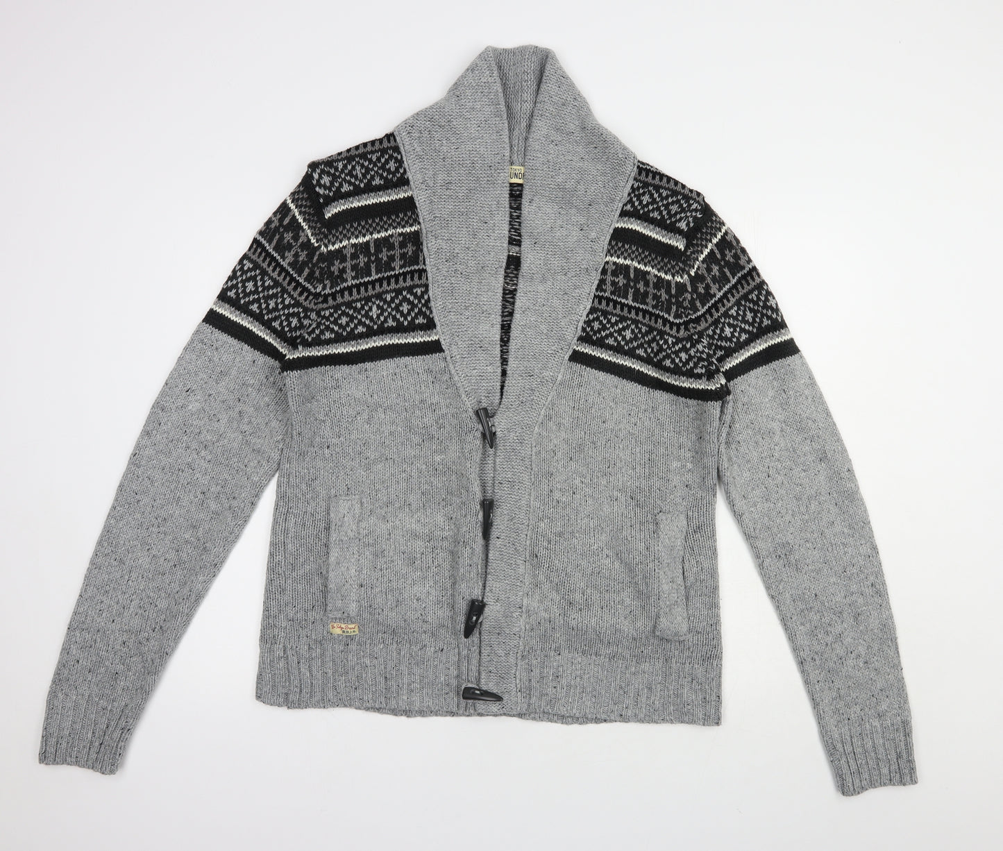 Tokyo Laundry Mens Grey Collared Fair Isle Acrylic Cardigan Jumper Size L