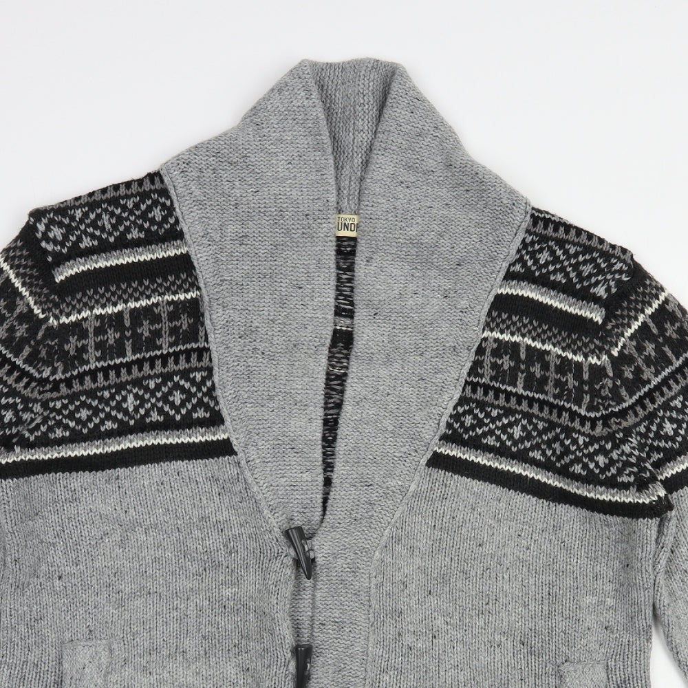 Tokyo Laundry Mens Grey Collared Fair Isle Acrylic Cardigan Jumper Size L