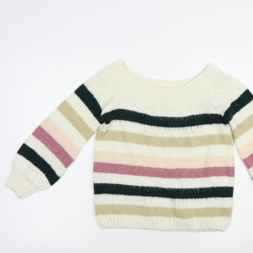 Miss Selfridge Womens Ivory Boat Neck Striped Acrylic Pullover Jumper Size 6