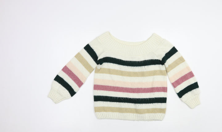 Miss Selfridge Womens Ivory Boat Neck Striped Acrylic Pullover Jumper Size 6