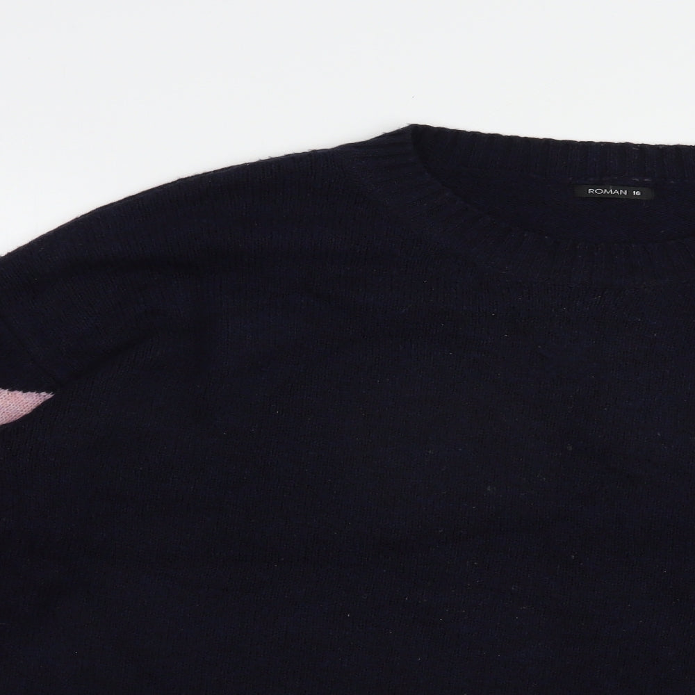 Roman Womens Blue Crew Neck Striped Acrylic Pullover Jumper Size 16