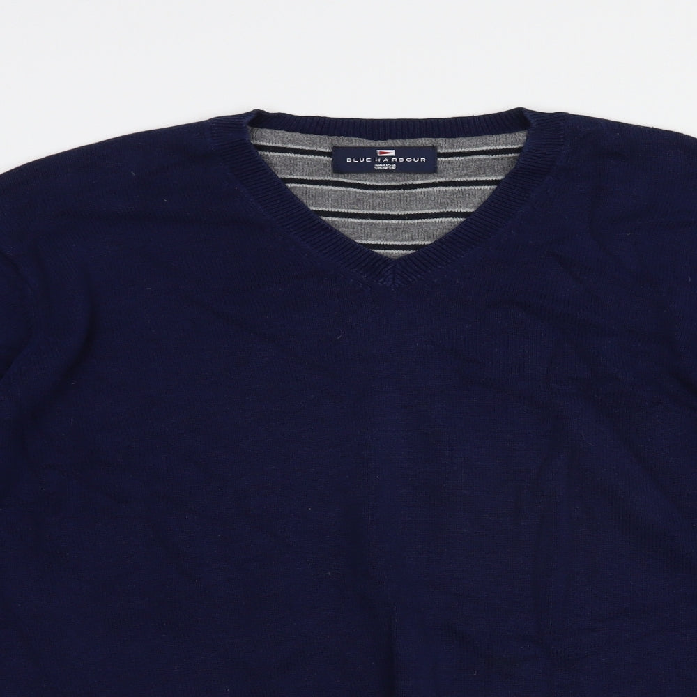 Blue Harbour Mens Blue V-Neck  Cotton Pullover Jumper Size L