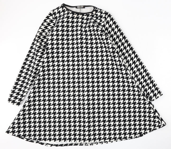 MissLook Womens Multicoloured Houndstooth Polyester Skater Dress Size S Round Neck