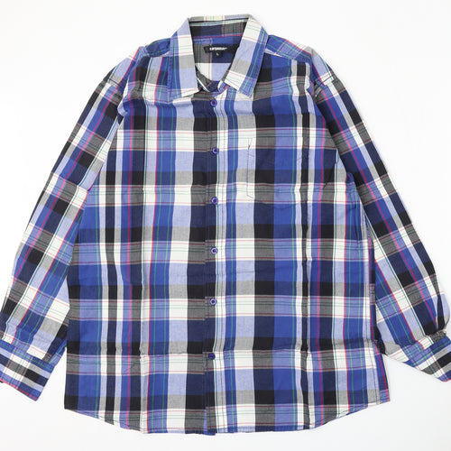cargoquay Mens Blue Plaid Cotton  Button-Up Size L Collared Button