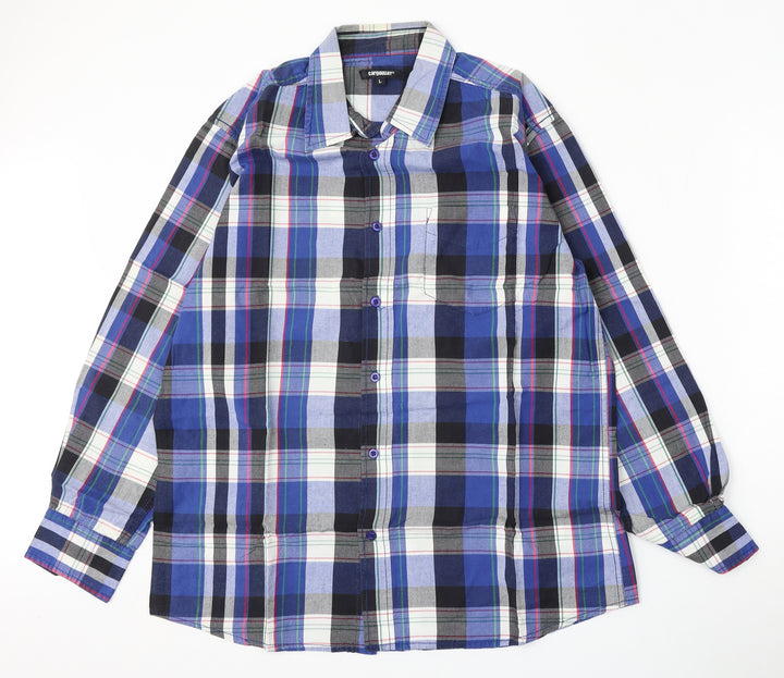 cargoquay Mens Blue Plaid Cotton  Button-Up Size L Collared Button