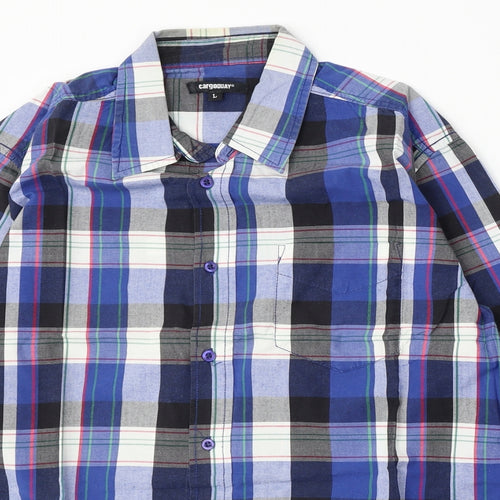 cargoquay Mens Blue Plaid Cotton  Button-Up Size L Collared Button