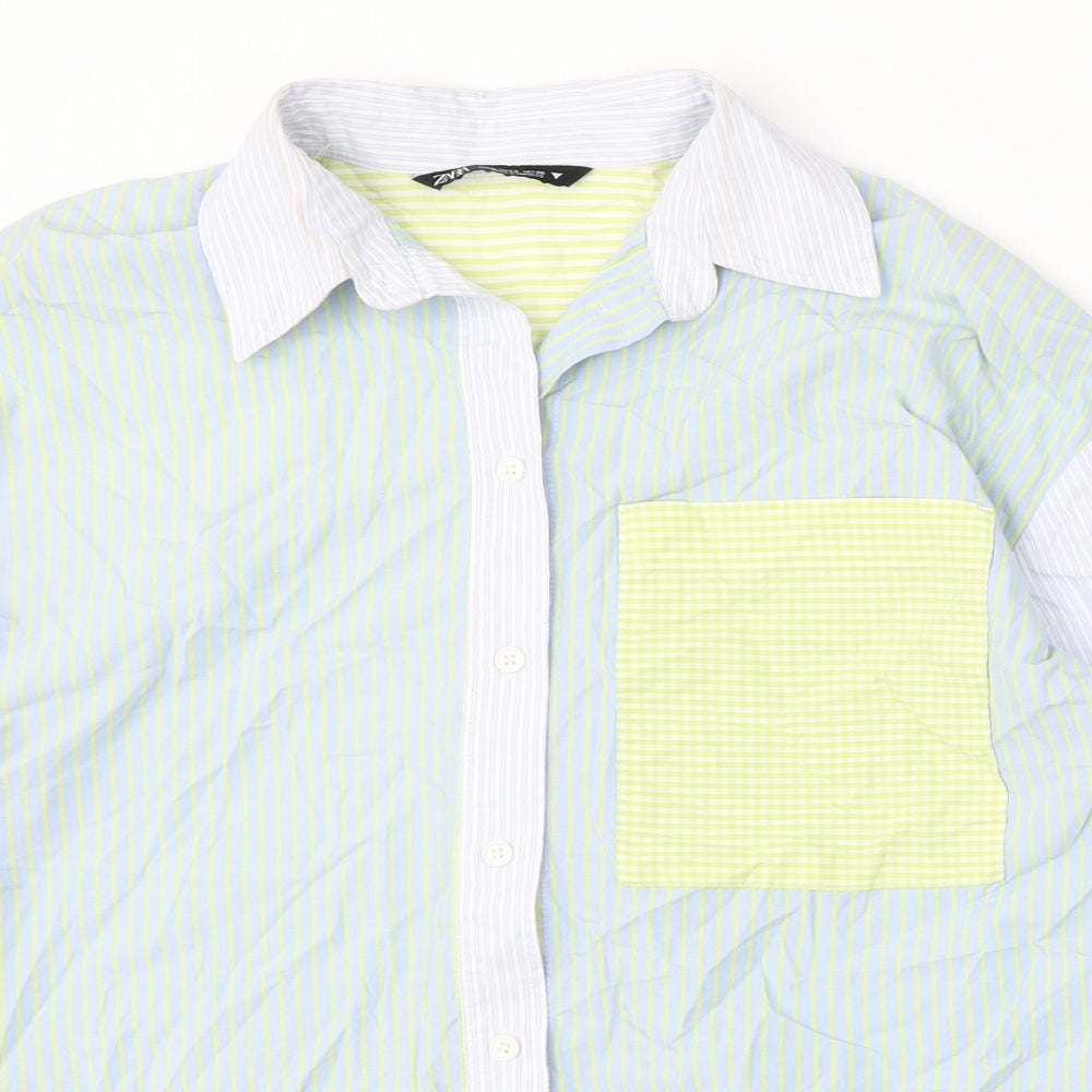 Zara Womens Multicoloured Striped Cotton Basic Button-Up Size S Collared