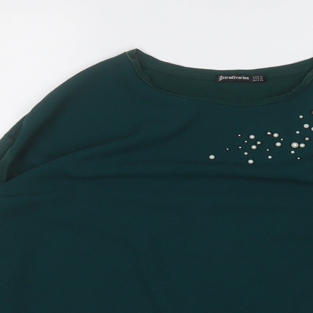 Stradivarius Womens Green  Polyester Basic Blouse Size M Round Neck