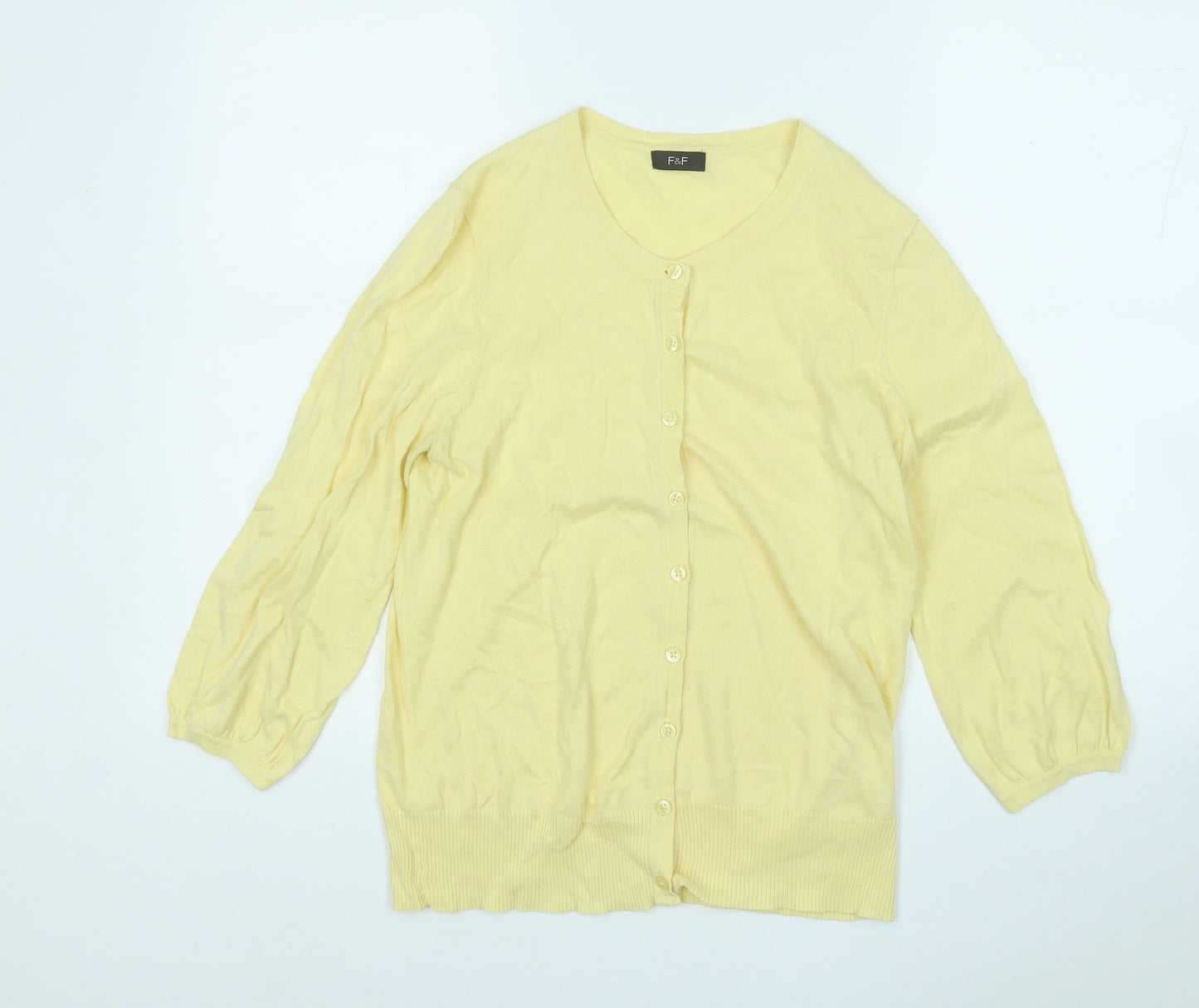 F&F Womens Yellow Round Neck  Cotton Cardigan Jumper Size 14