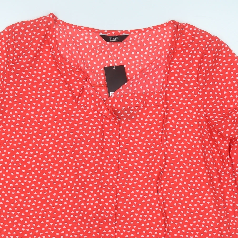 F&F Womens Red Geometric Polyester Basic Blouse Size 12 Round Neck