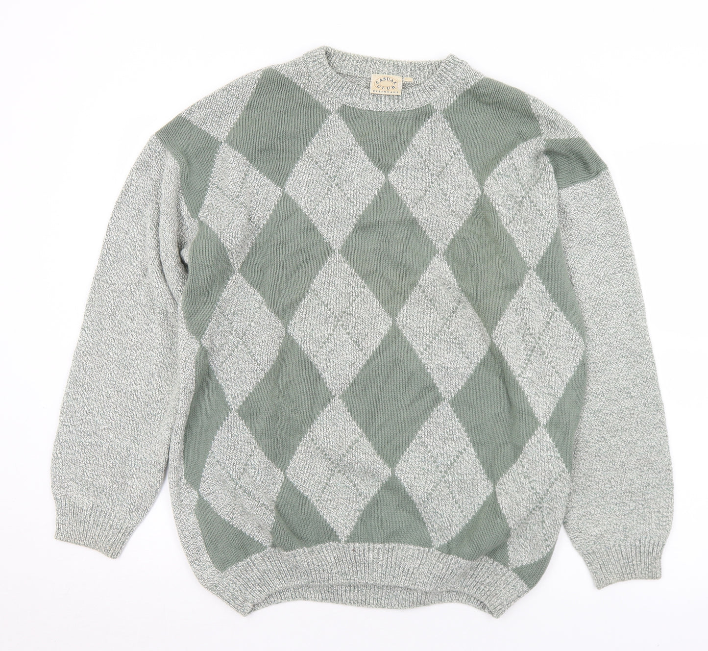 Debenhams Mens Green Crew Neck Argyle/Diamond Cotton Pullover Jumper Size M