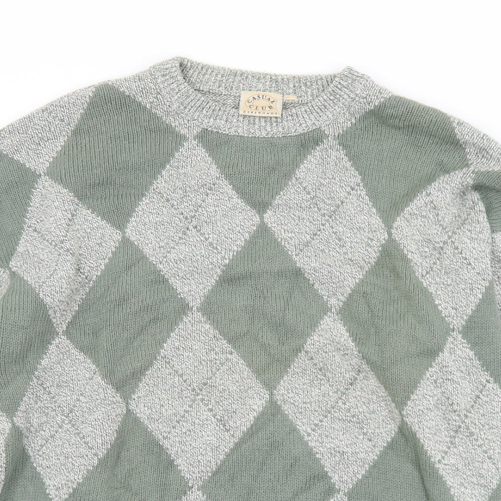 Debenhams Mens Green Crew Neck Argyle/Diamond Cotton Pullover Jumper Size M