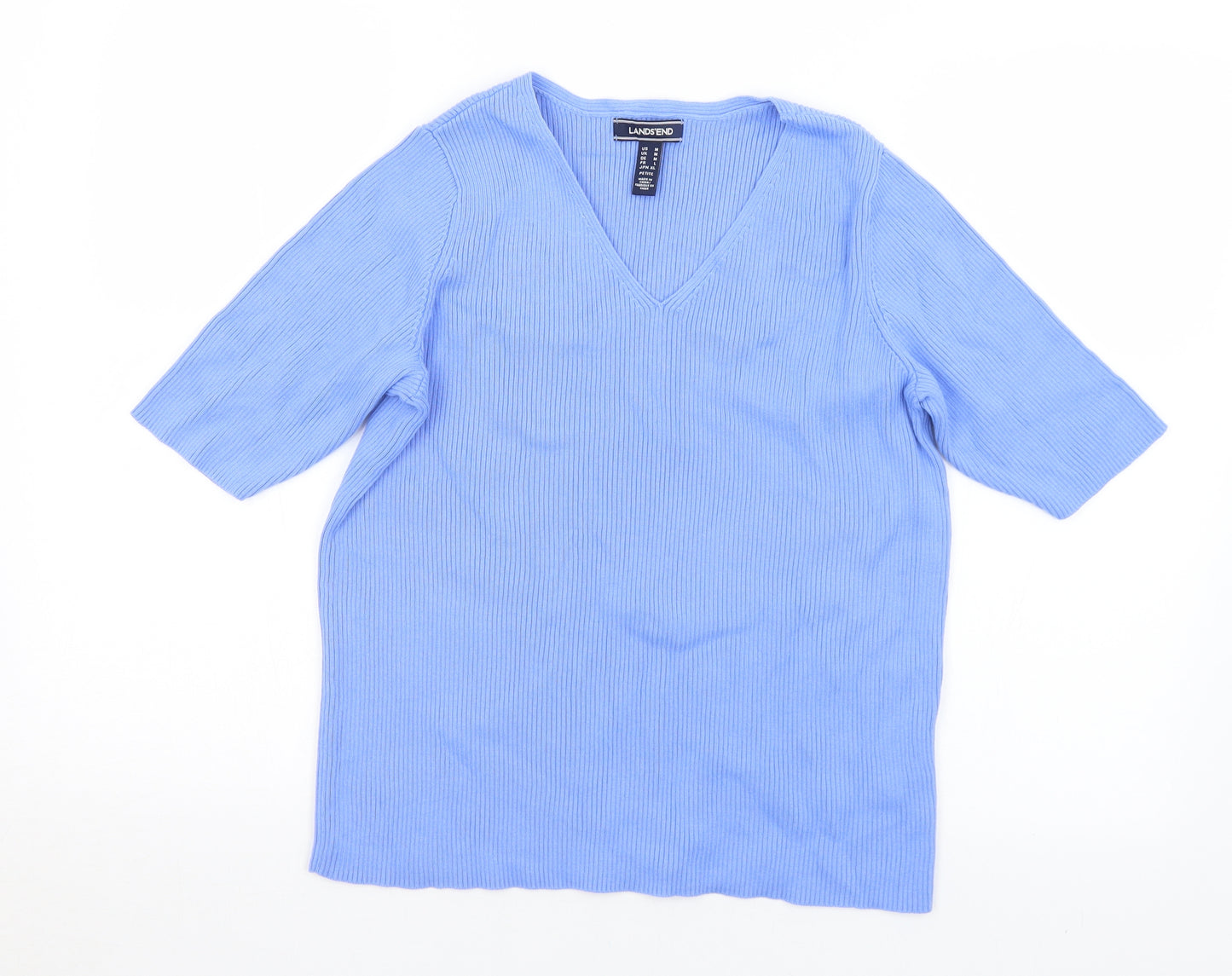 Lands' End Womens Blue V-Neck  Cotton Pullover Jumper Size M