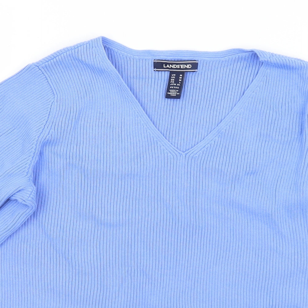 Lands' End Womens Blue V-Neck  Cotton Pullover Jumper Size M