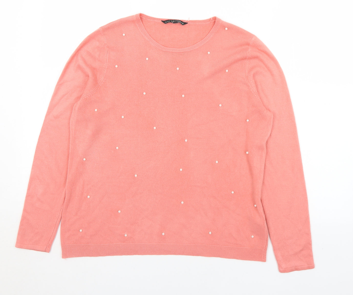 Love Knitwear Womens Pink Round Neck  Acrylic Pullover Jumper Size 14   - Bead detail