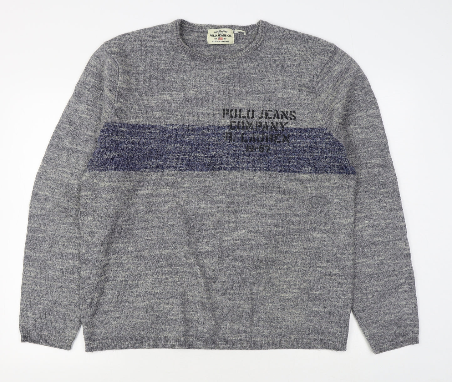 Polo by Ralph Lauren Mens Grey Round Neck  Acrylic Pullover Jumper Size L