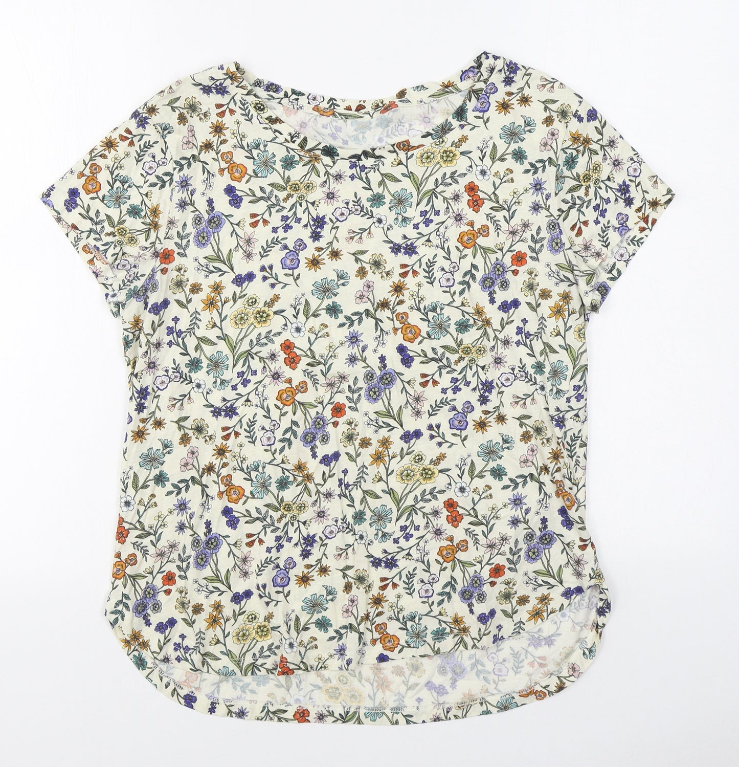 H&M Womens Multicoloured Floral 100% Cotton Basic T-Shirt Size S Boat Neck