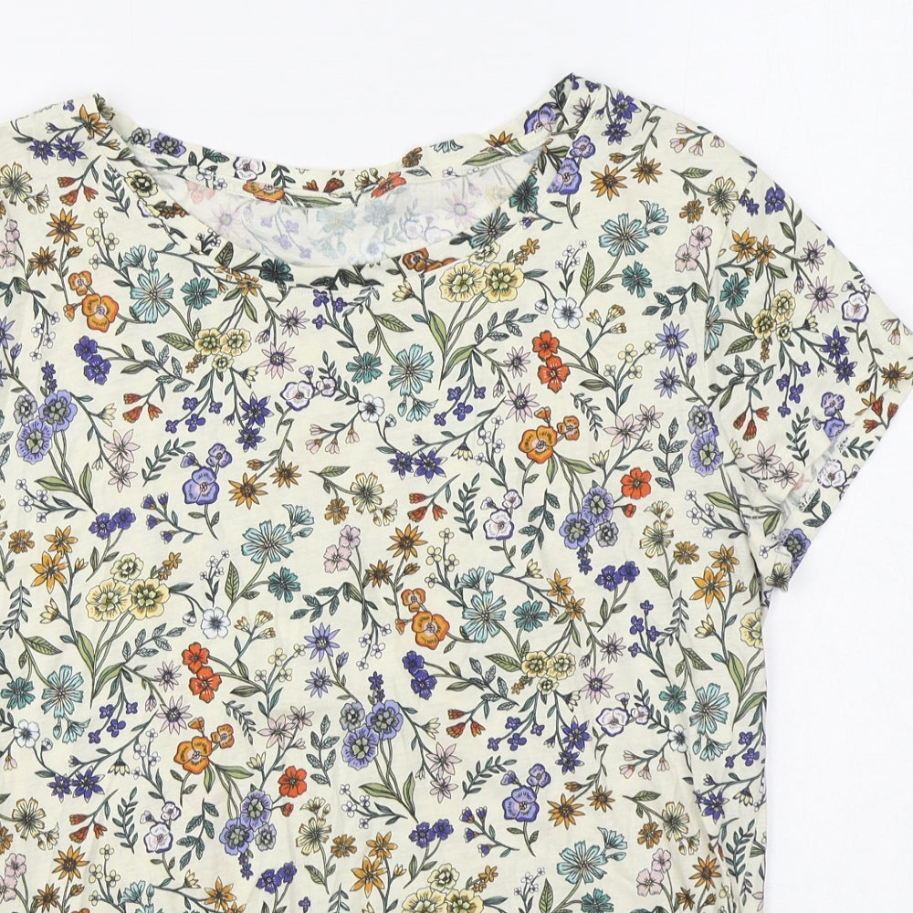 H&M Womens Multicoloured Floral 100% Cotton Basic T-Shirt Size S Boat Neck
