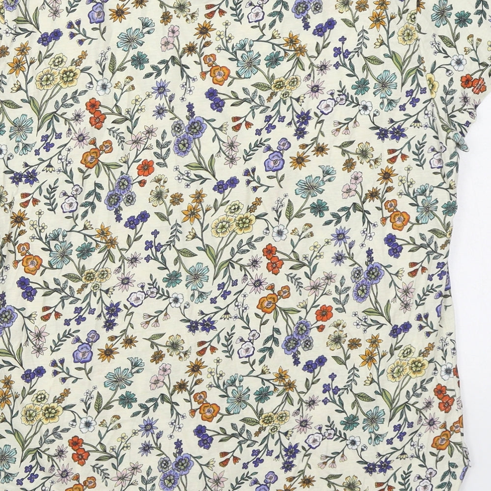 H&M Womens Multicoloured Floral 100% Cotton Basic T-Shirt Size S Boat Neck