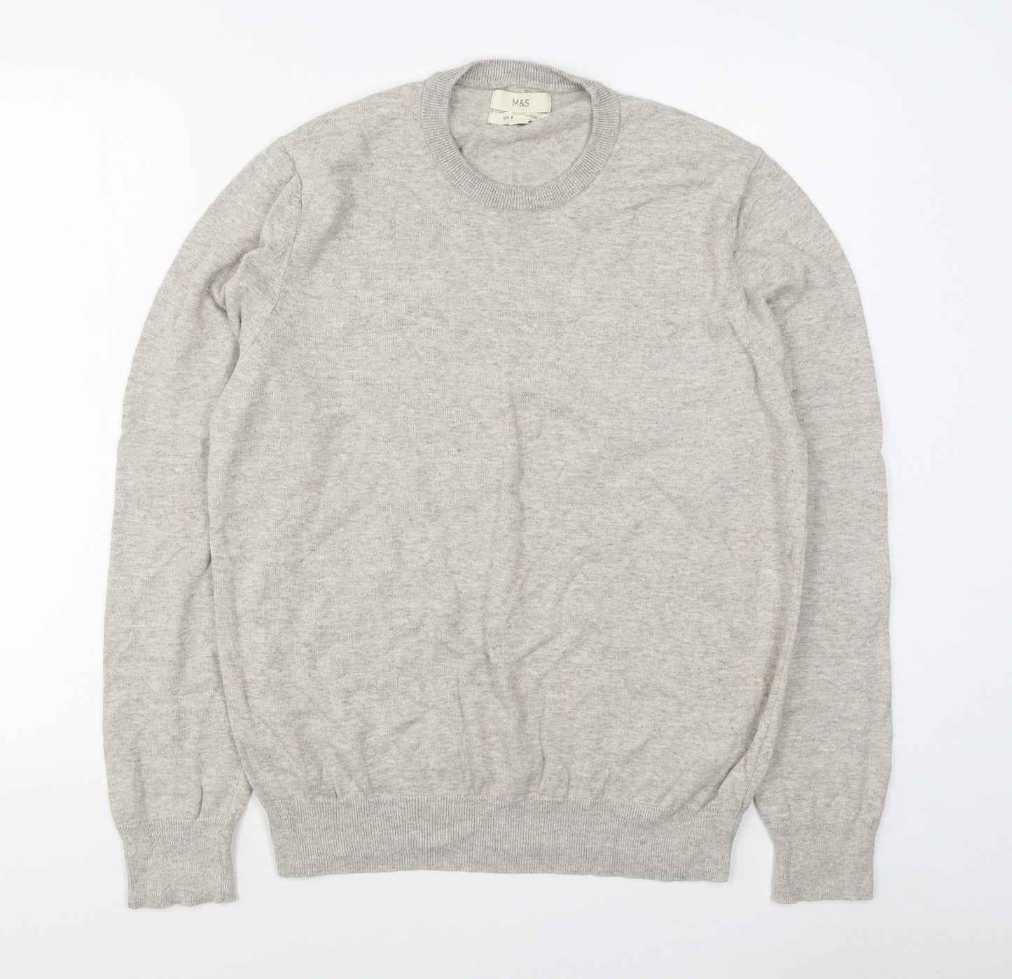Marks and Spencer Mens Beige Round Neck  Cotton Pullover Jumper Size L